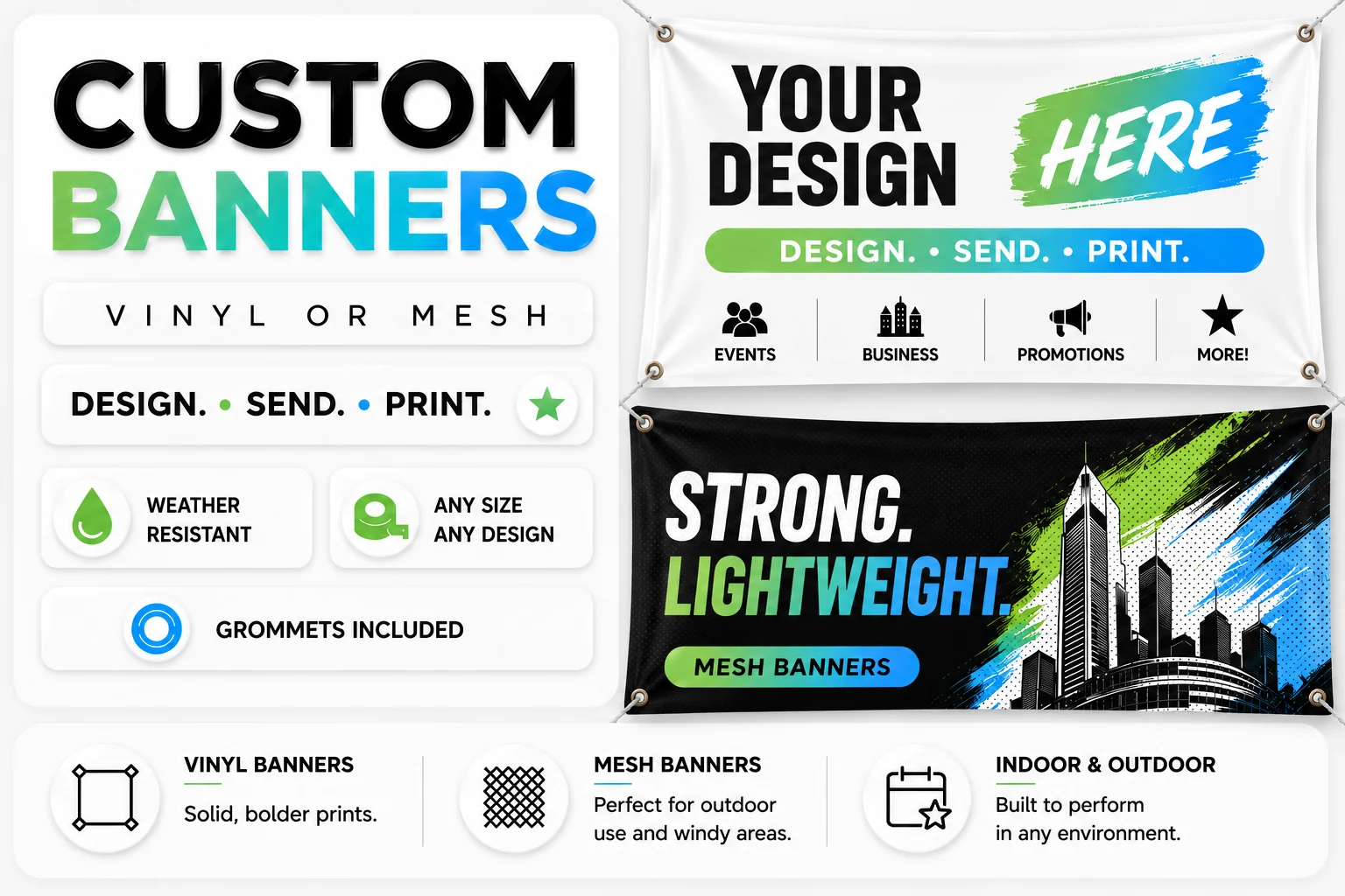 Custom vinyl and mesh banner overview with grommets and full-color artwork
