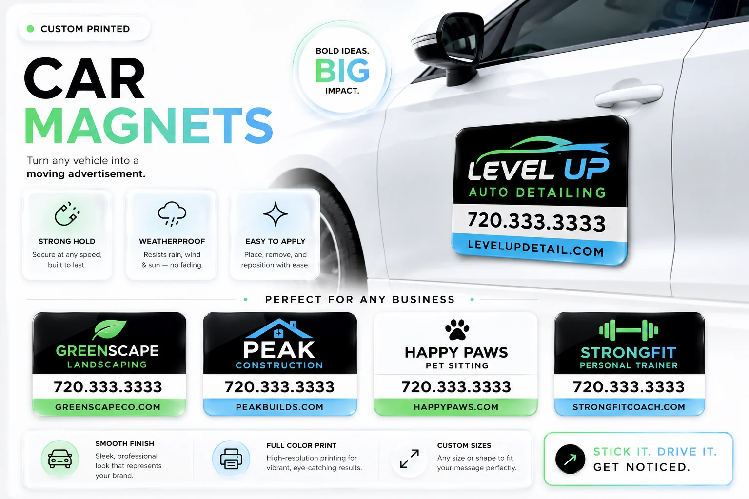 Custom business magnets displayed on a vehicle with example layouts