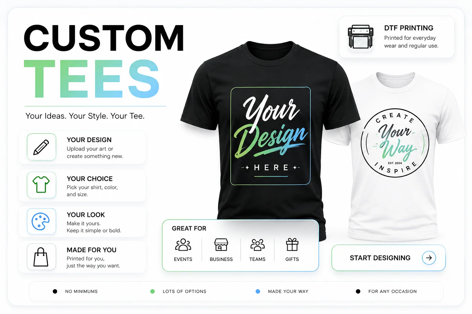 Custom shirt printing overview with black and white graphic tees