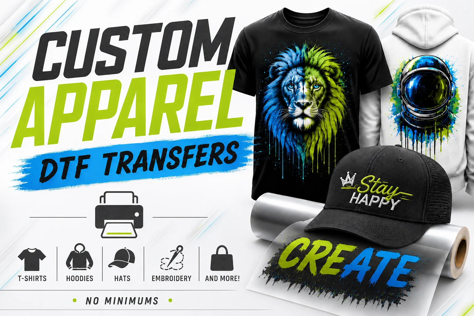 Custom apparel overview featuring a black embroidered cap, printed shirts and transfer material